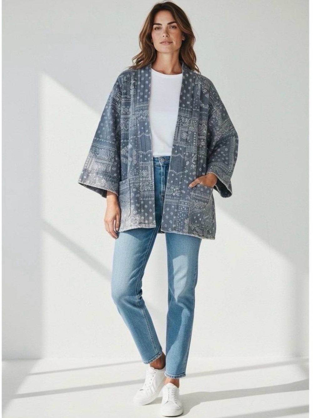 POL Bandana Patchwork Denim Kimono Jacket Blue Paisley Boho Western Oversized S